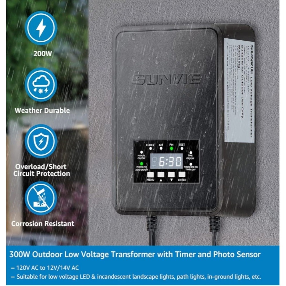 SUNVIE 300W Low Voltage‎ Transformer Timer Photocell Outdoor Landscape Lighting